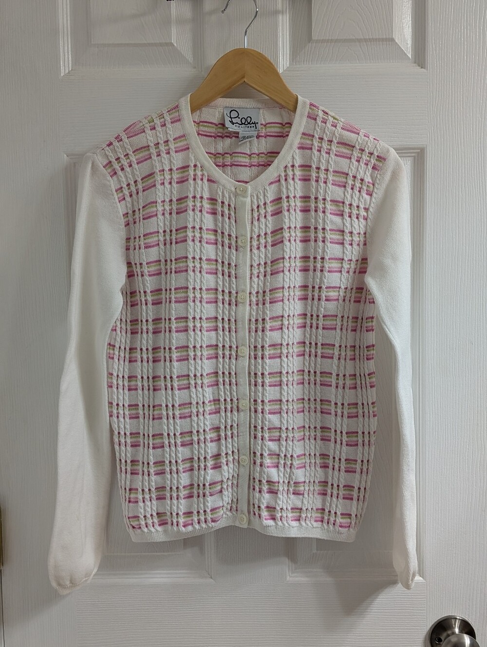 Vtg Y2K Lilly Pulitzer White Pink Green Preppy Button Cotton Cardigan Top Sz S